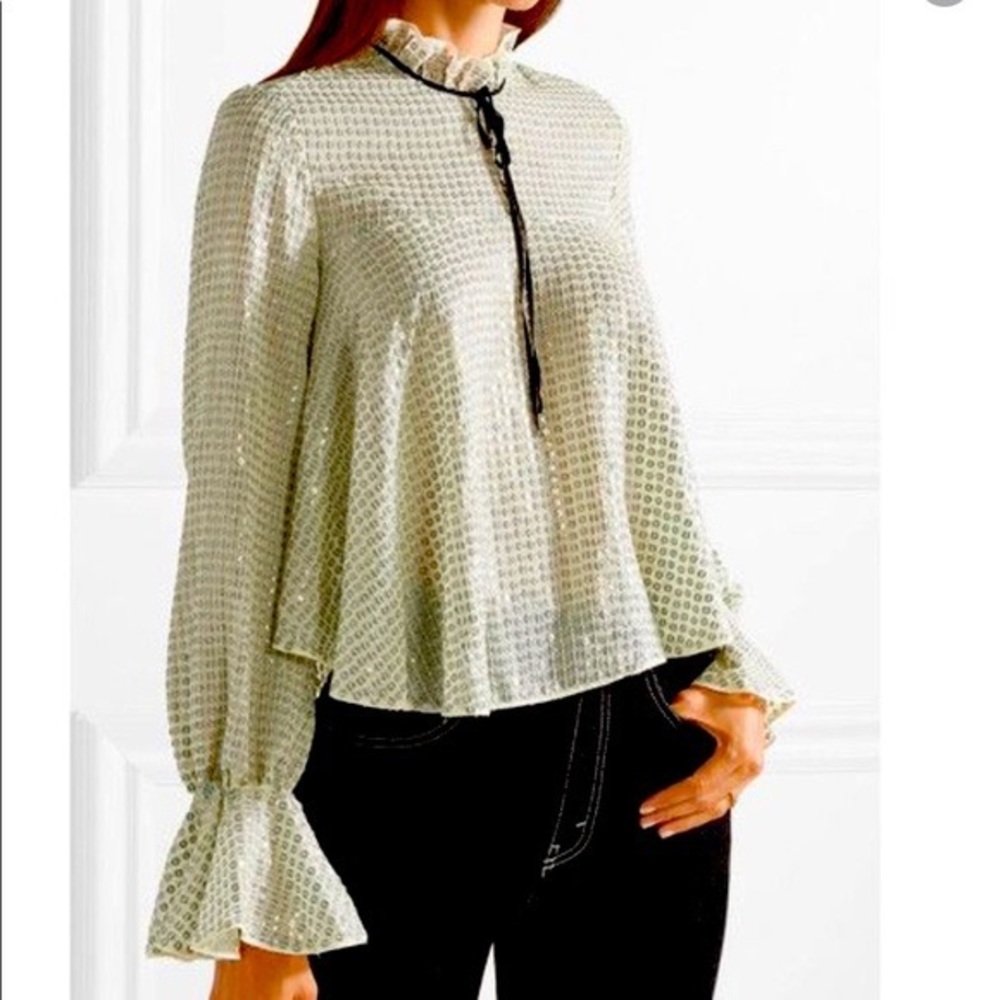 SALONI Tyler Top Tie Neck Striped Sequined Tulle Blouse